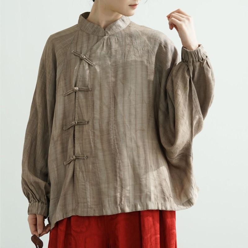 Johnature Women Vintage Soft Shirts Tops Button Long Sleeve Stand Blouses Summer Thin Chinese Style Female Shirts