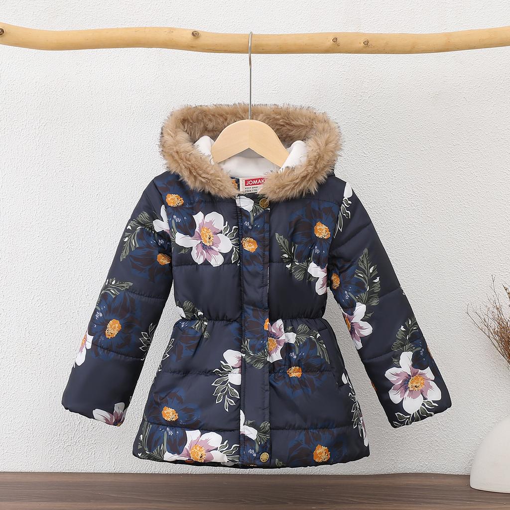 Boys and Girls Multi-color Printed Children's Long Fur Collar Hooded Cotton Jacket Cotton Jacket