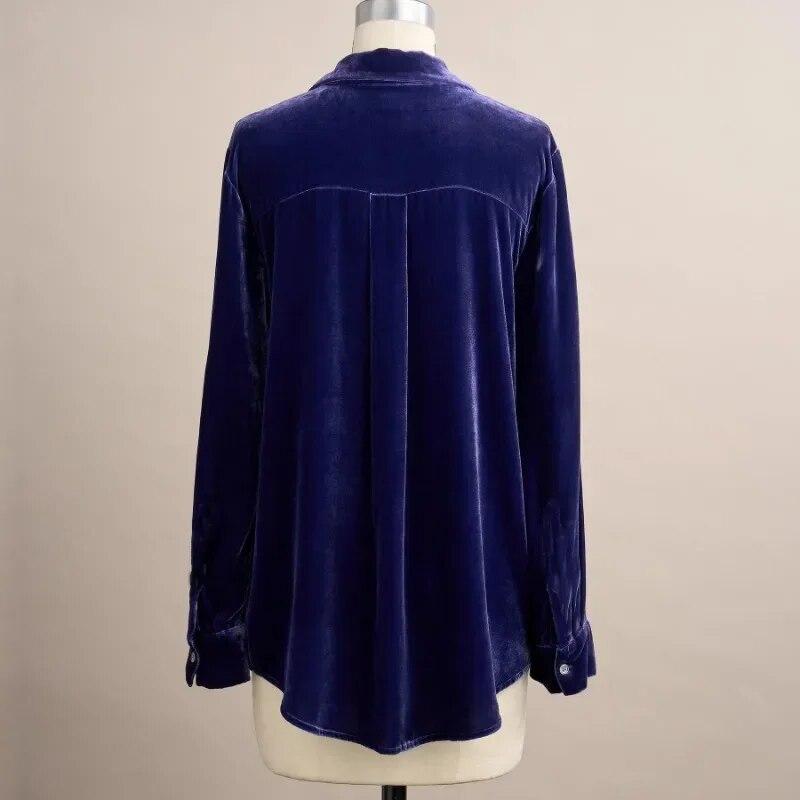 Turn-down Collar Soft Velvet Blouse Women Loose Simple Button Up Women Shirts Elegant Solid Office Lady Tops Casual Blusas 30086