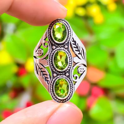 Natural Peridot Gemstone Handmade 925 Sterling Silver Ring Size 10.5 a7W46
