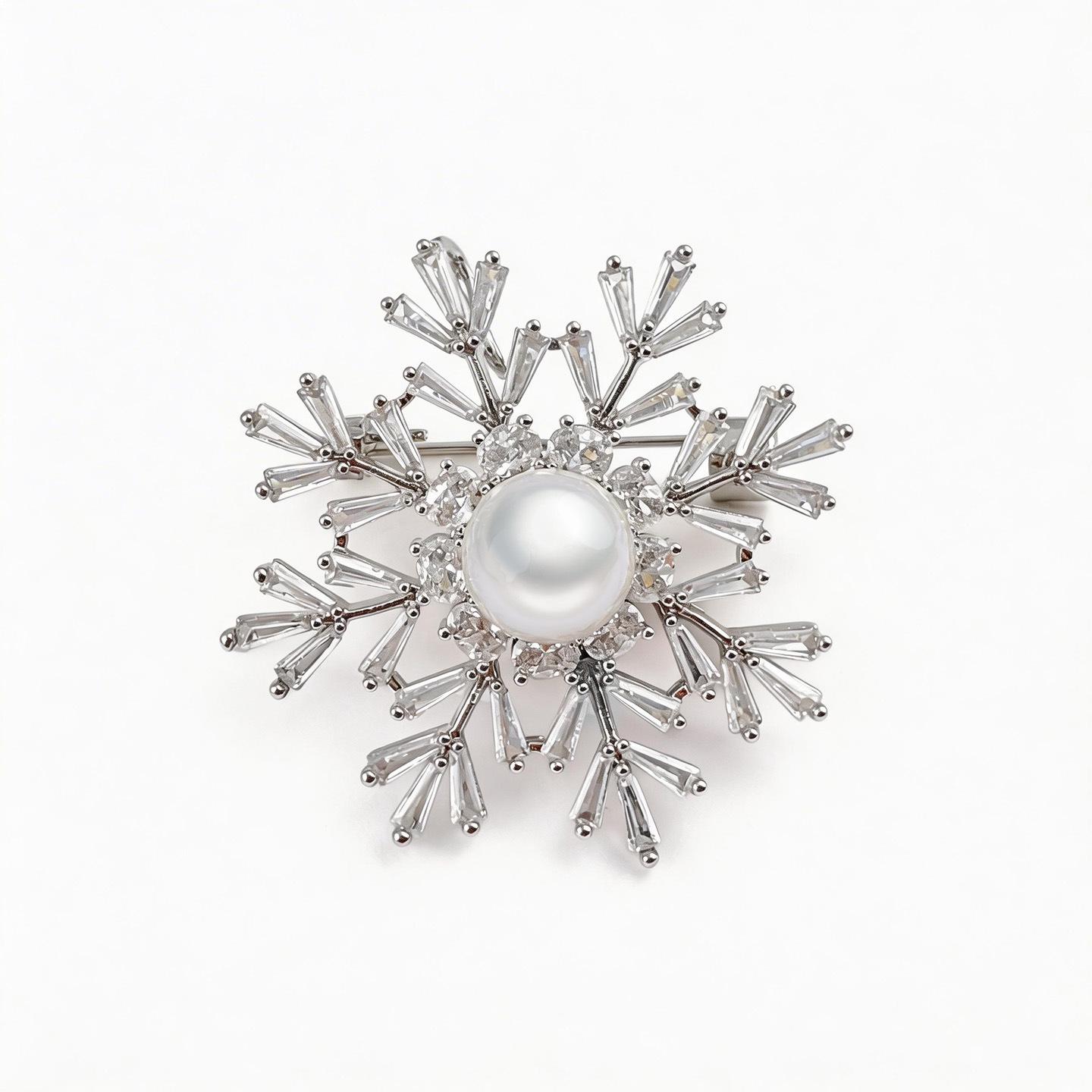 Exquisite Snowflake Brooch with Copper, Zircon, and Freshwater Pearl