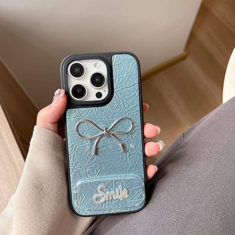 Bow Shaped Rhinestone Mirror Leather Phone Case for IPhone 16, Promax High-end 15, Niche for Apple 17