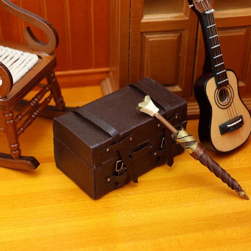 Portable Old Fashioned Wood Leather Luggage Models Small Dollhouses Furniture Accessories Coffee Colored Designs