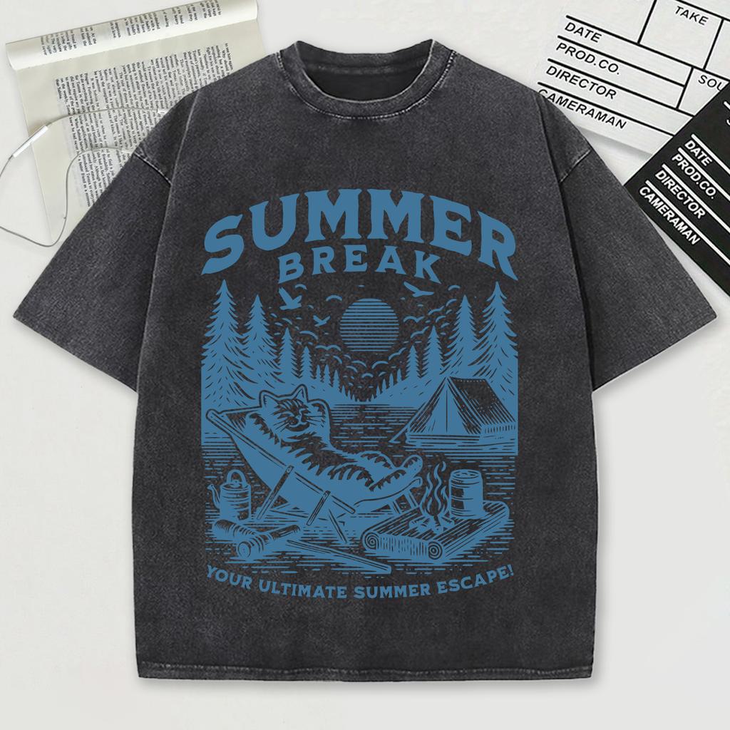 Summer Break Prints Washed T-Shirt Men Summer Loose Cool O-Neck Tee Breathable Sport Soft Cotton Short Sleeve
