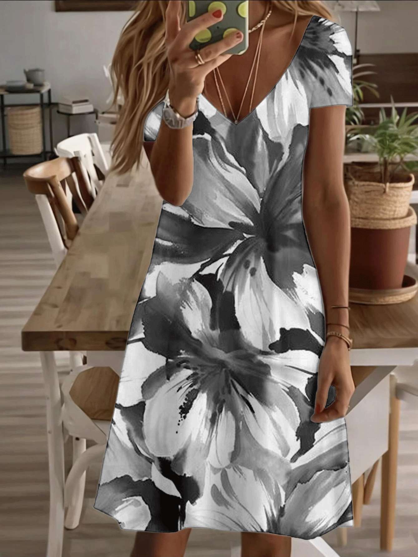 

Vneck shortsleeve midi dress black and white floral ladies dress watercolor flower print pattern 3D highquality printing durable casual fashion elegan 9XL дубильна кора