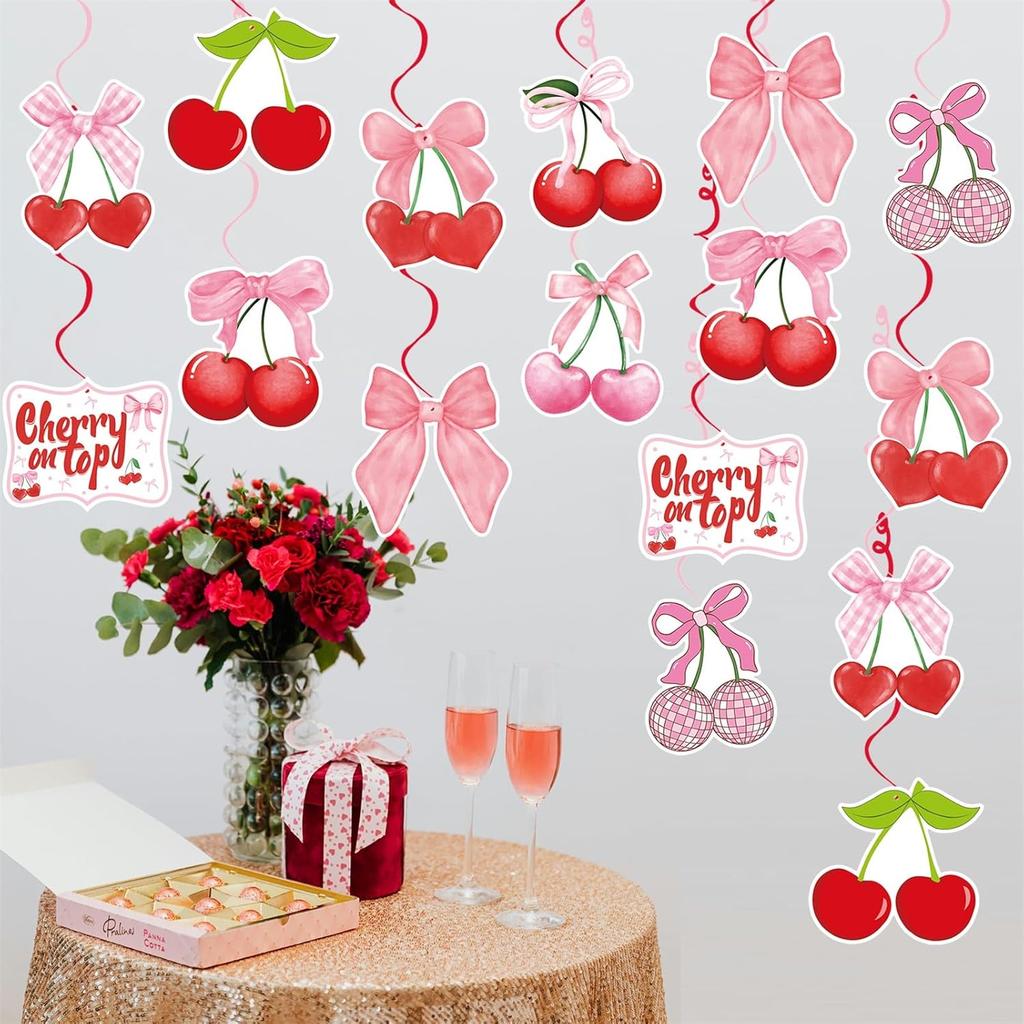 Cherry Birthday Party Decorations Red Pink Cherry Bow Hanging Swirl Garland for Girls Baby Shower She's the Cherry On Top Theme Party Decor