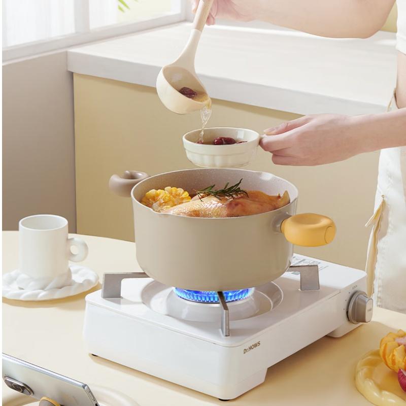 LANMI 22CM Non-stick Double Ear Instant Noodle Stew Pot Medical Stone Coated Soup Pot with Visible Glass Cover Kitchen Cookware