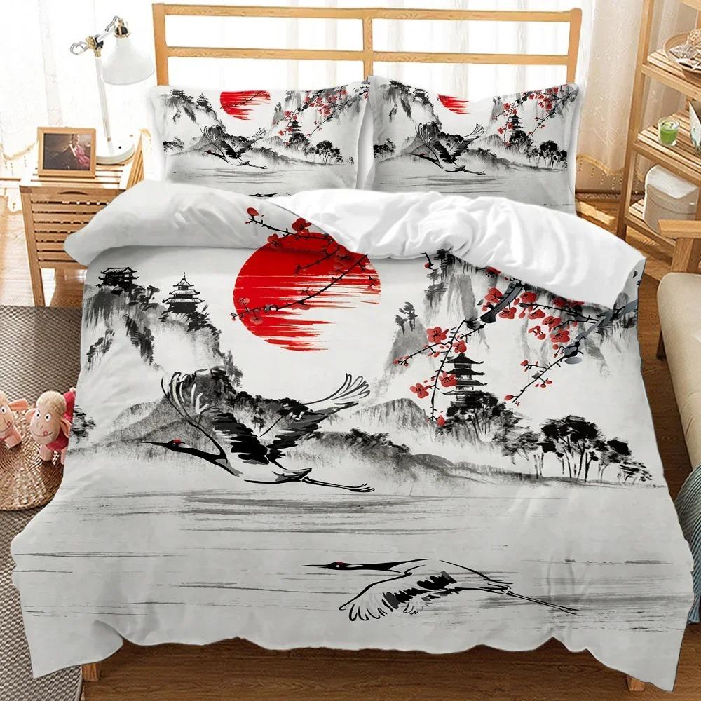 Japanese Style Comforter Cover Set Cherry Blossoms Crane 2/3Pcs Polyester Bedding Set Sea Waves Duvet Cover Set Twin Queen Size