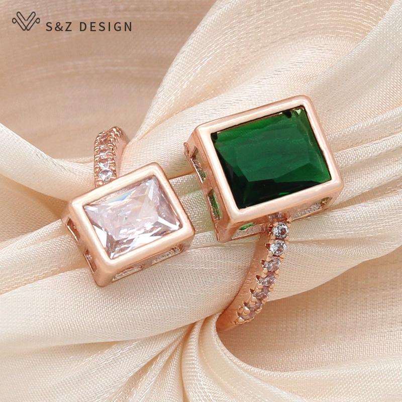 Fashion Rose Gold Color Rectangle Cubic Zirconia Resizable Rings For Women Wedding Party Jewelry Elegant Gift