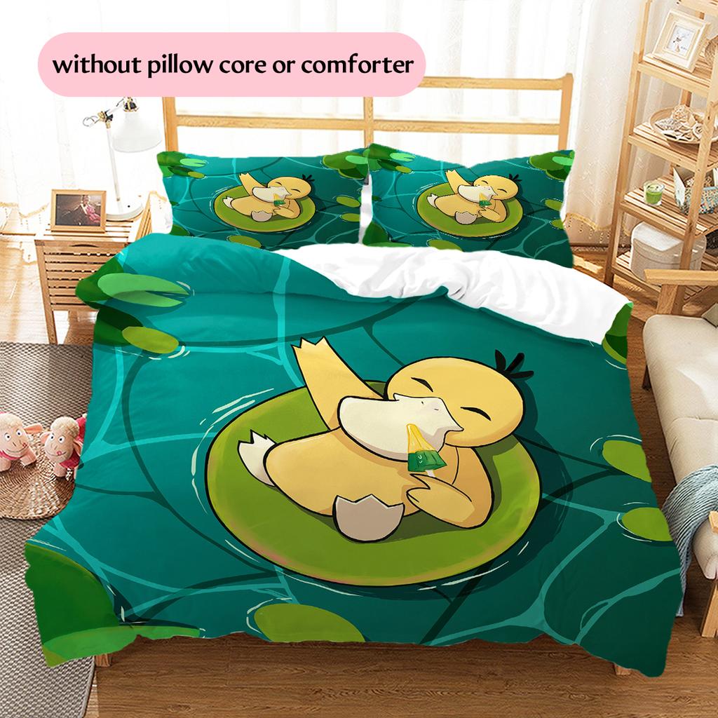 Pokémon Enton Muster Bettwäsche Heimdekoration Geburtstagsgeschenk (1 Bettbezug + 2 Kissenbezüge, ohne Füllung)