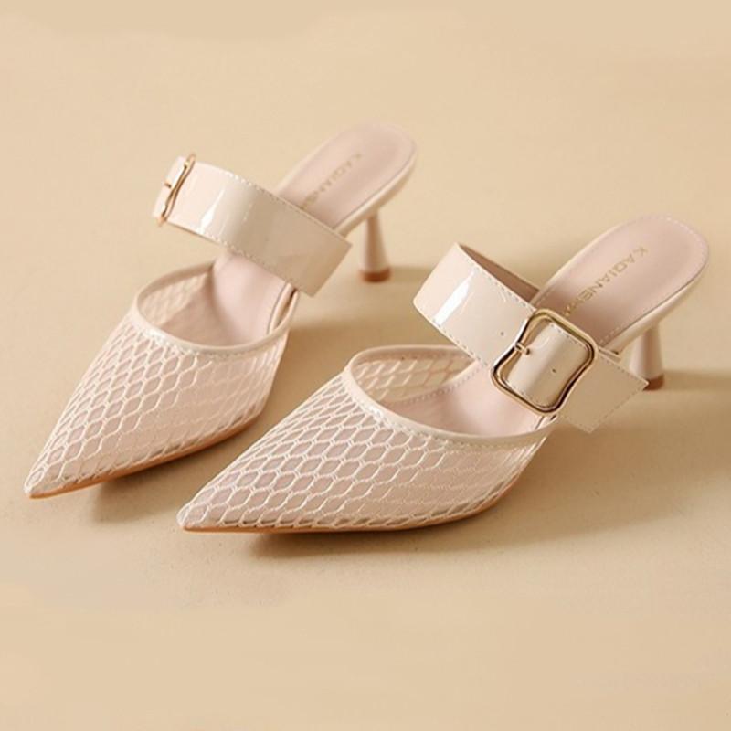 

Fashion Fashion Weaving Hollow High Heel Slippers Women Elegant Pointed Toe Buckle Slide Sandals Summer Sexy Shallow Brand Designer Shoe 35 бежевий