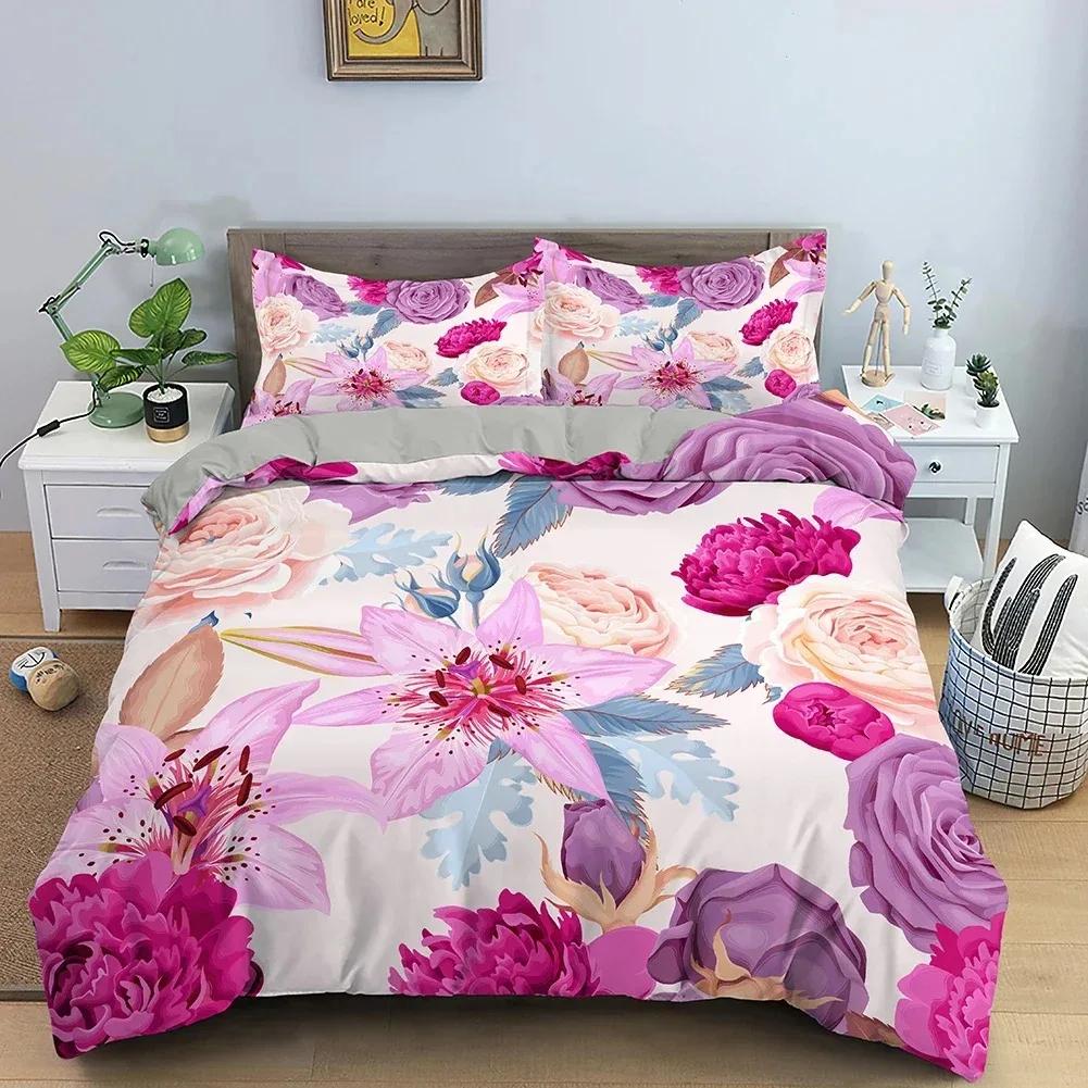 Comforter 3D Rose Flower Queen King Double Bedding Set 3Pcs With Zipper Closure King Size Polyester
