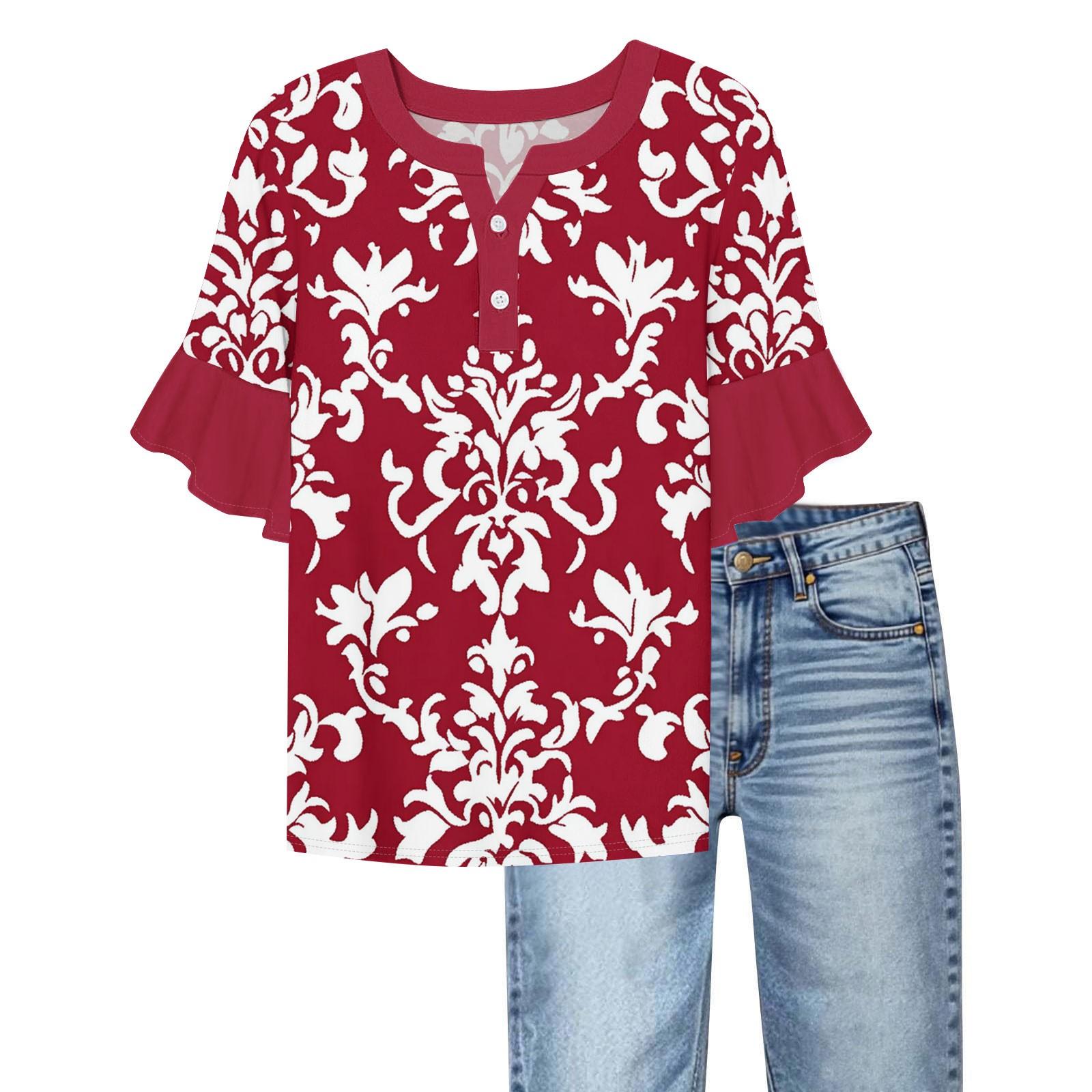 

Women s Casual Fashion V-neck Ruffled Sleeves Loose Versatile Color Short Sleeves XL