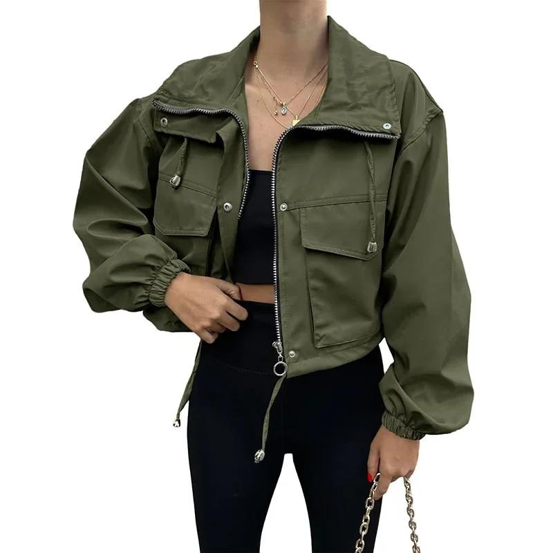 Cappotto Corto da Donna Casual con Coulisse, Monopetto, con Zip, Manica Lunga, Giacca da Donna Autunnale, Cappotti da Strada per Signora
