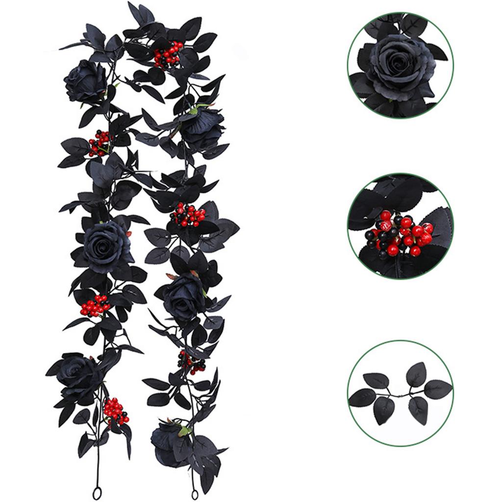 Artificial Black Rose Vine For Halloween Decor Vintage Faux Flowers Decor Red Berries Plant Garland For Outdoor Home Wall Decor