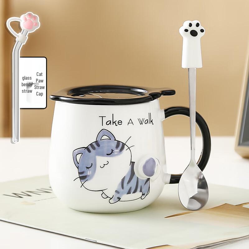 Cute Cat Ceramic Mug with Lid and Spoon
