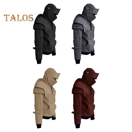Men Halloween Hoodie with Hood Knight Drawstring Patch Pocket Ruched Elastic Cuff Long Sleeves Warrior Medieval Costume