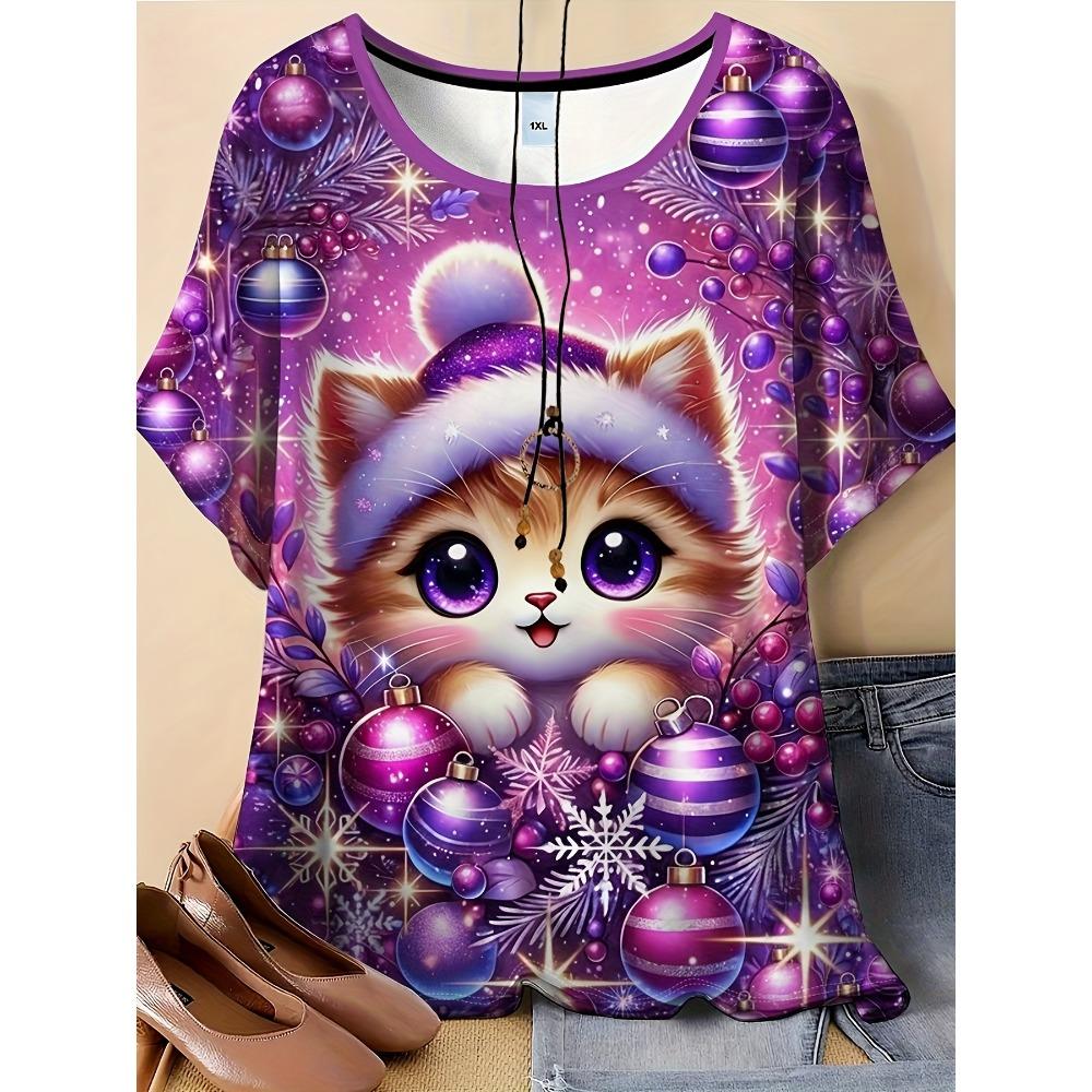 Ladies Loose T-shirt, Christmas Atmosphere Plus Cute Kitten, Printed T-shirt