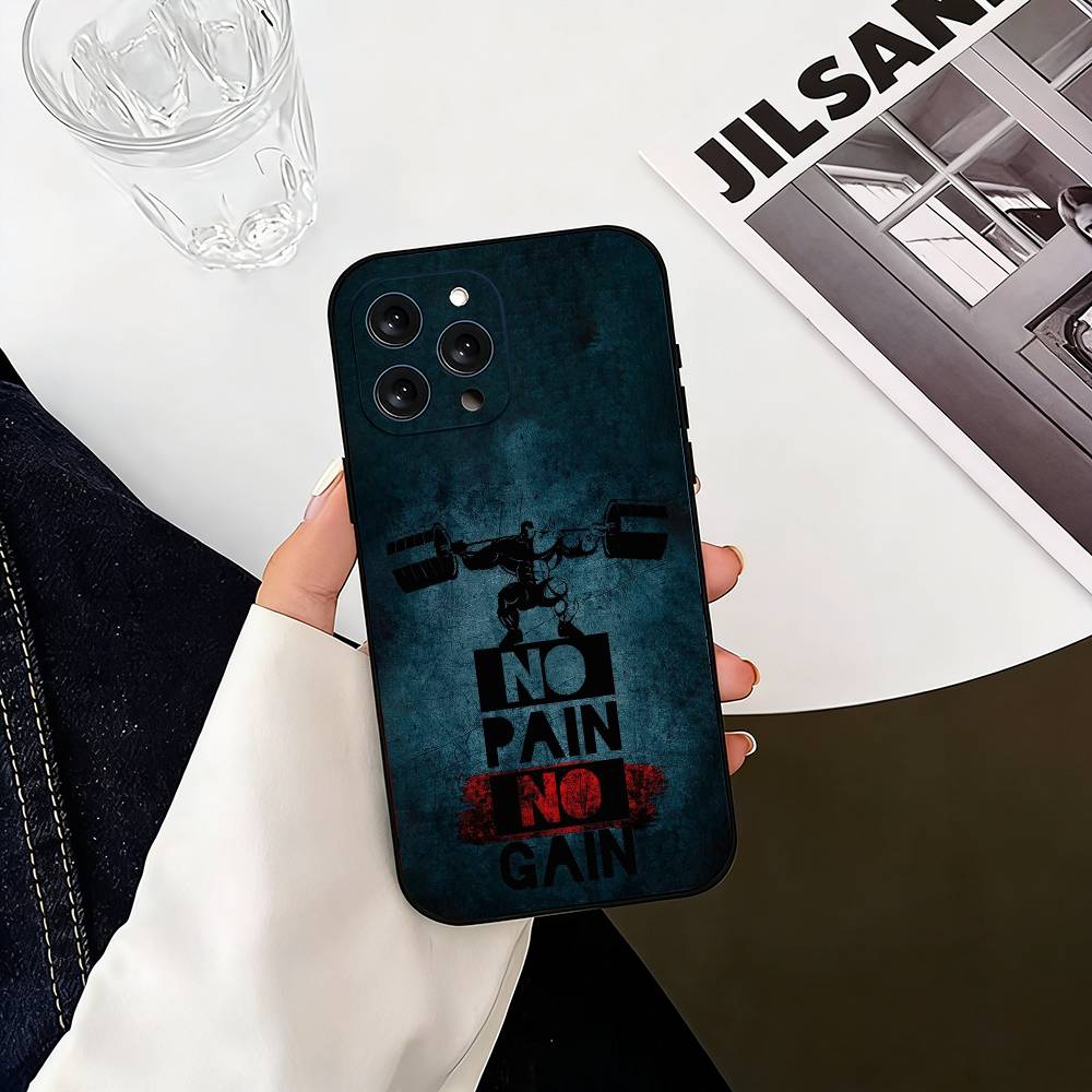 No Pain No Gain Gym Phone Case For iPhone 17,16,15,14,13,12,11 Plus,Pro Max,XS,Soft Silicone Black Cover