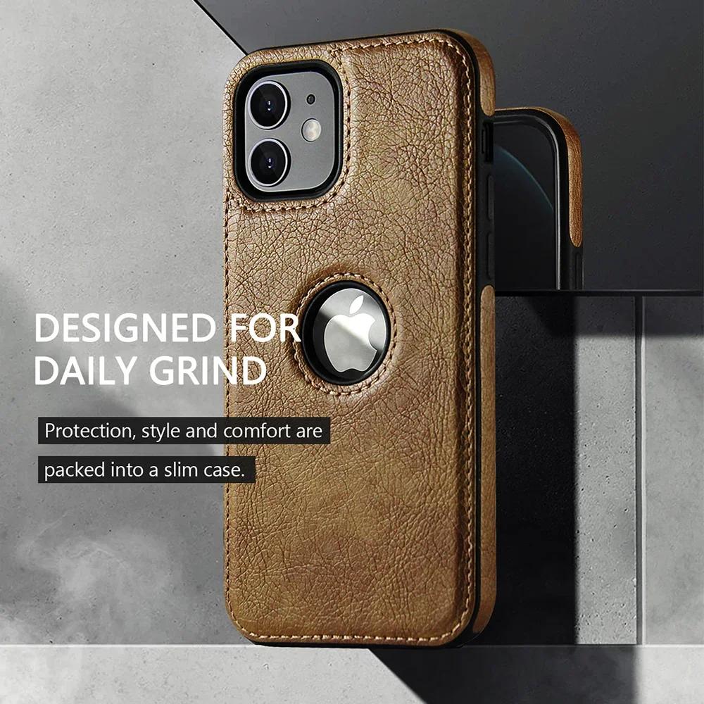 Ultradünne schlanke Business-Lederhülle für iPhone 16 15 14 13 12 11 Pro Max Mini XS XR X 7 8 Plus SE Handyhülle Cover Zeigt Logo