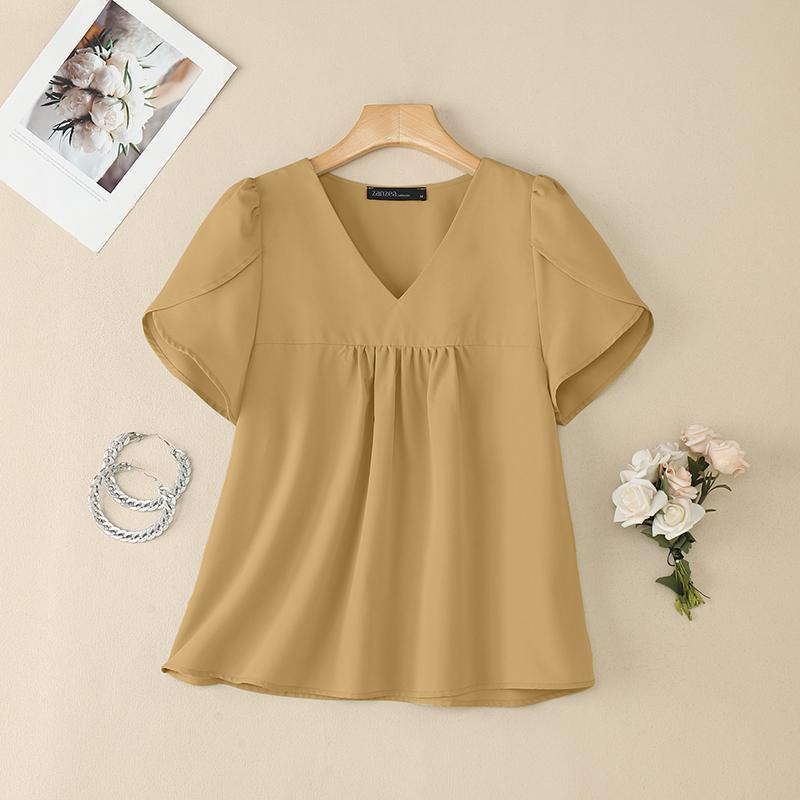 ZANZEA Dámská letní ležérní halenka s krátkým rukávem a výstřihem do V