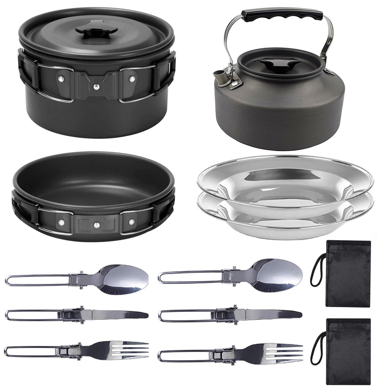 Outdoor Backpacking Cooking Cookware Pot Bowl Frying Pan Teapot Fork Spoon Knife Plate Folding Combination Camping Picnics Mess чёрный