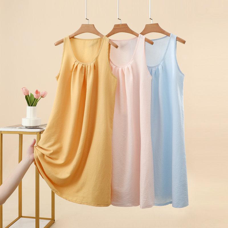 Summer Women's Yunjin Cotton Solid Color Sleeveless Cami Tank Dress Loose Fit Casual Home Nightgown Fashion Daily Outdoor Loungewear Dress