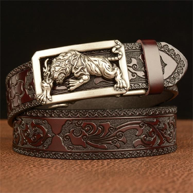 Classical Men Leather Belt with Convenient Automatic Buckle and Carved Beast Buckle Chinese Beast Head