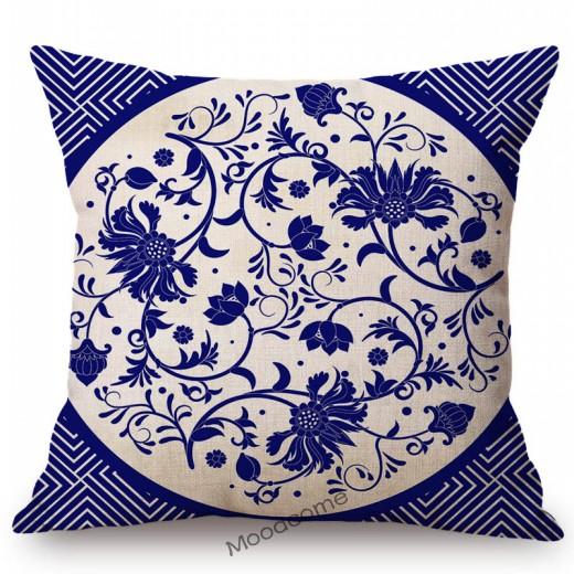 Traditional Delft Navy Blue Toile Floral Pattern Elegant Royal Luxury Home Decoration Cotton Linen Sofa Pillowcase Cushion Cover