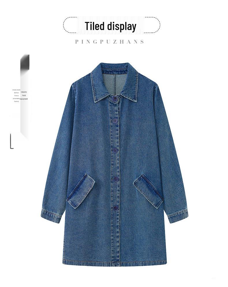 Women's Mid-Length Denim Trench Coat - 2025 Spring/Autumn Casual Korean Style, Slim-Fit, Loose Shirt Top