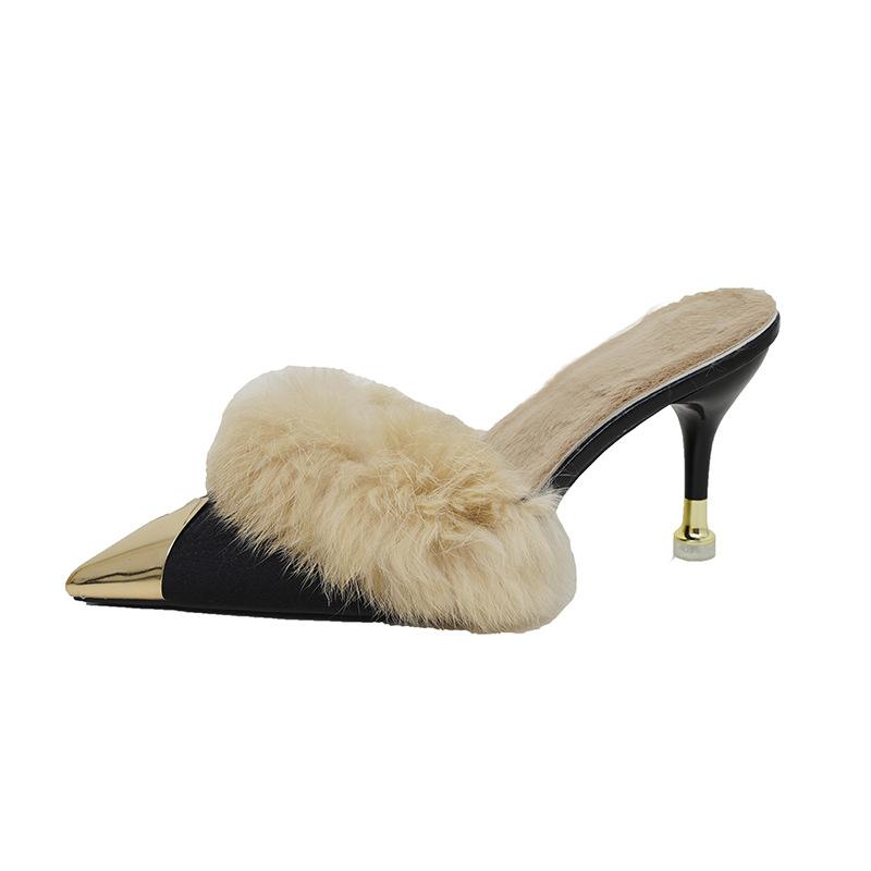 Hongkai Mao Mao Mao High-heeled Slippers Women's Outer Wear 2025 Autumn and Winter New French Pointed Half Slippers Women's Trend