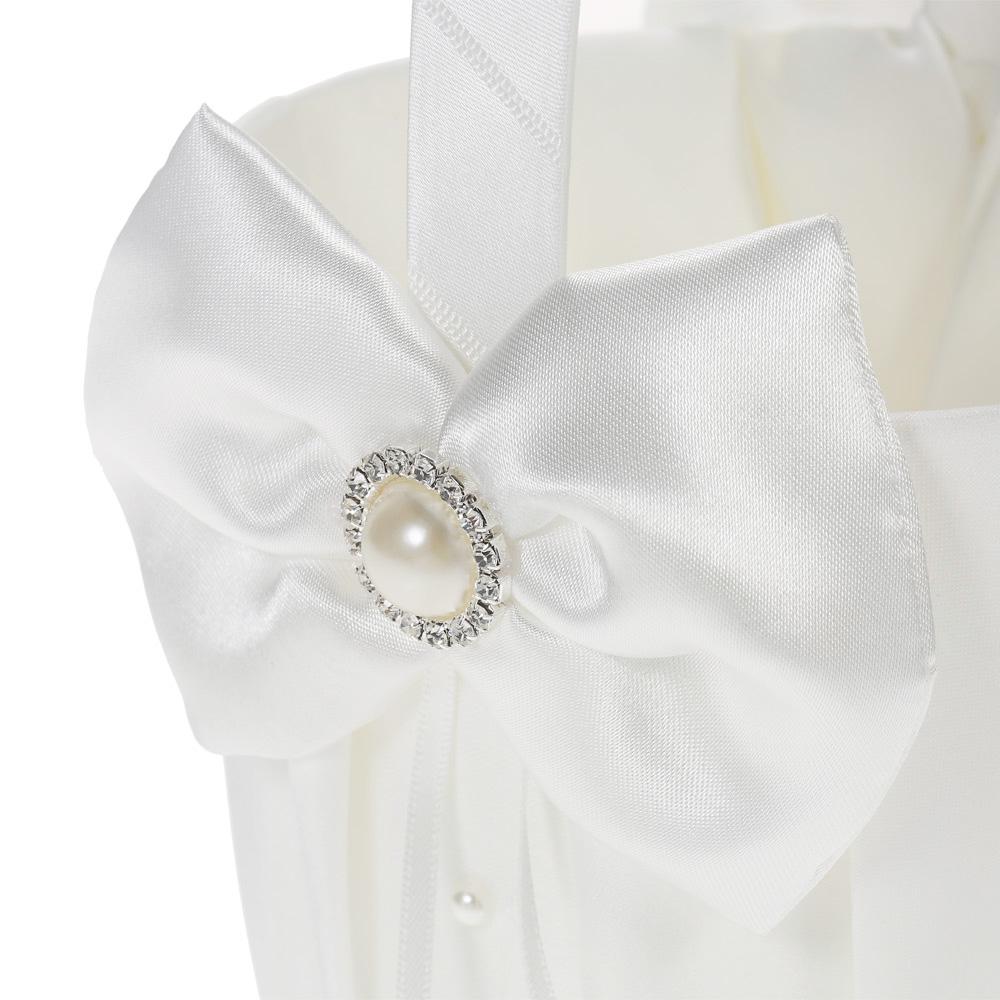 7 * 7 Inches White Satin Bowknot Rhinestone Decorated Ring Bearer Pillow and Wedding Flower Girl Basket Set