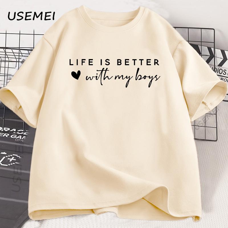 Life Is Better with My Boys TShirt Mom of Boys T Shirt Mothers Day Tshirt Cotton Printed Short Sleeves Funny Graphic Tee Shirt