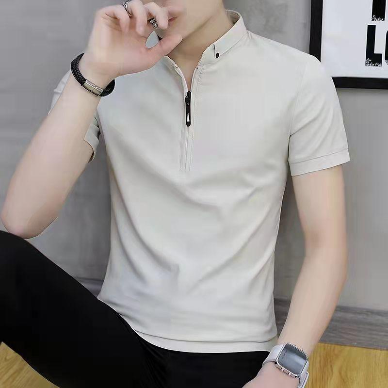 Men Stand Collar Half Zip Short Sleeve Polo Shirt Solid Slim Ice Silk Casual Summer Top