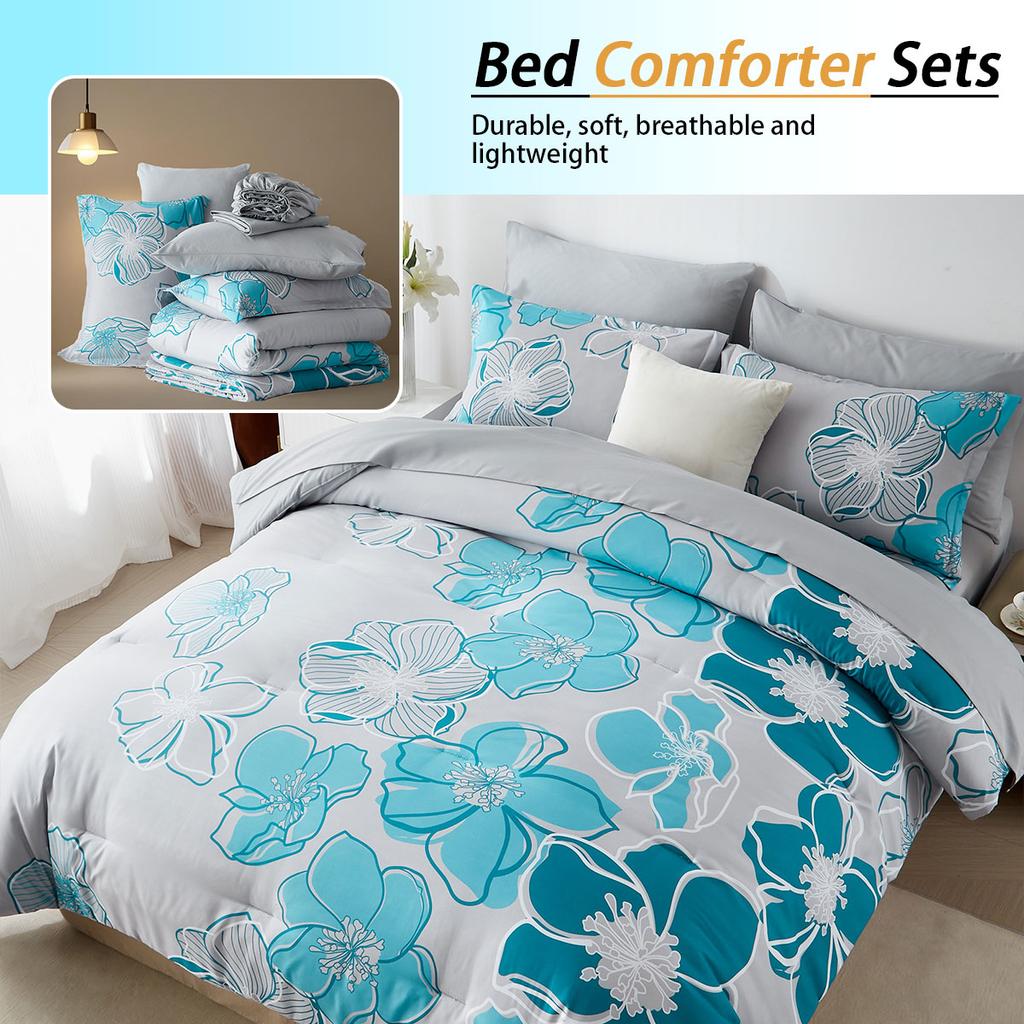 7-Pcs Floral Print Quilt Set, Soft And Comfortable, Bedding Set,  Room Decoration,All Seasons,  Ideal Gift, Queen/King Size