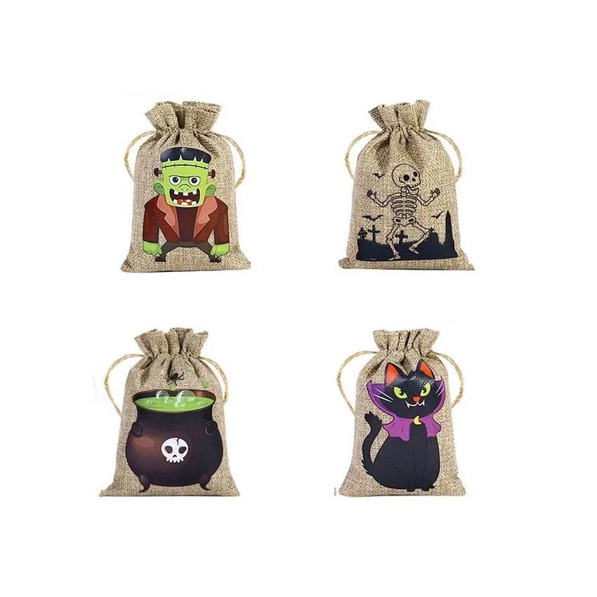 

4/12 шт. Хэллоуин Тыква Череп Мешочек для конфет Льняной мешок для хранения Хэллоуин Ужас Веселый узор Подарочная декорация Карман на завязках 10X15cm