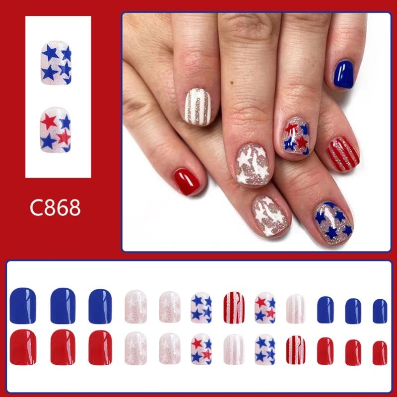 Unghia Autoadesiva Quadrata per il 4 Luglio French Tip Unghia Finta Unghia Falsa per l'Indipendenza con Bandiera Americana Stella Unghia da Incollare