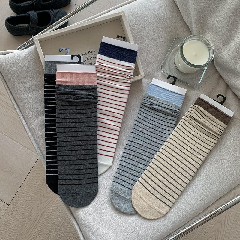 Socks Women, Simple And Versatile Stripes, Yellow Micro-Pile Medium Tube Socks Children, College Style Boneless And Versatile Pile Socks Cotton