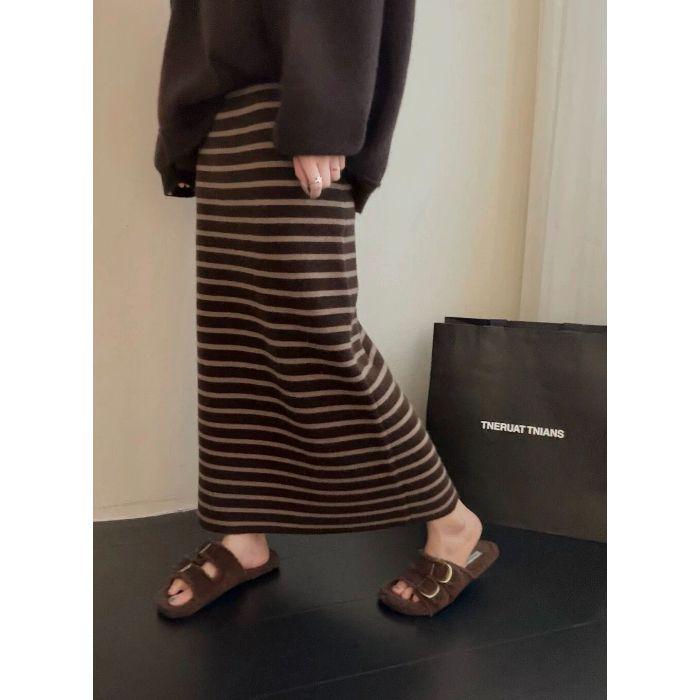 Women s High Waist Color Block Striped Midi Skirt - Winter Korean Style One Size [85-120 jin] кофейный