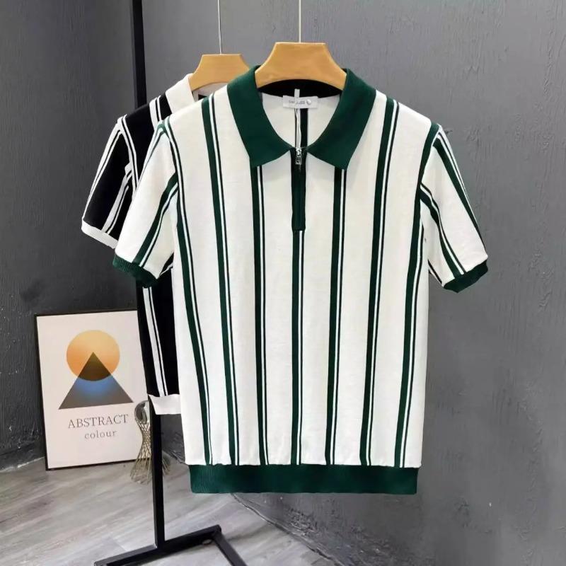 Summer Men's Knitting Stripe Short Sleeve T Shirt Men Casual Button Fashion Fashion Polo Shirt