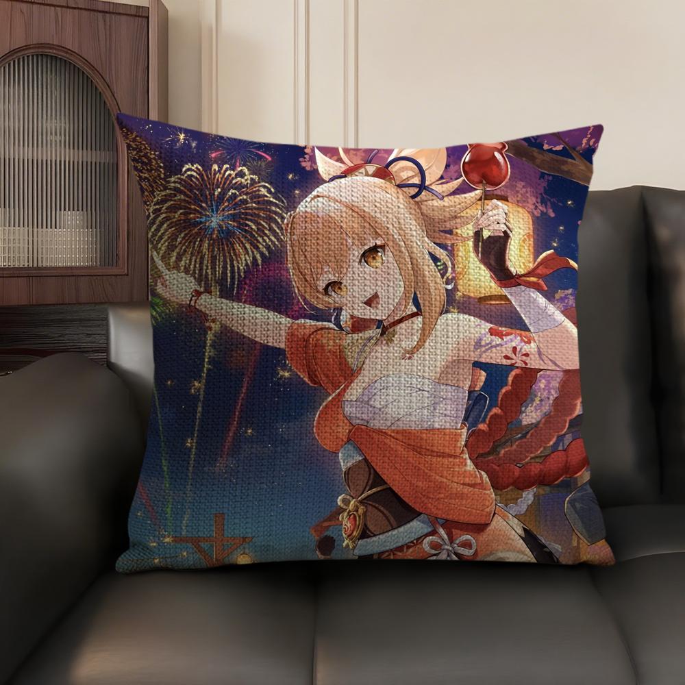 Yoimiya Genshin Impact Cute Cushion Cover Natural Linen Organic Fabric DoubleSided Printing Sofa Home Decor Gift Pillow Case