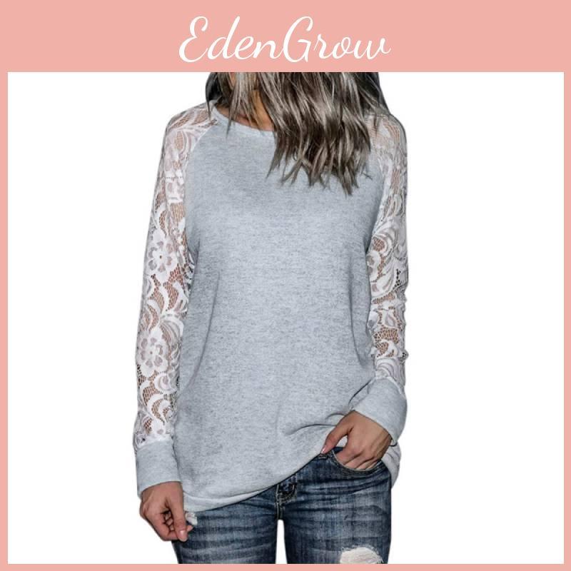 Lace Grey Trim Crew Neck Fitted Tshirt Blended Fabric Hoodie Women Long Sleeve