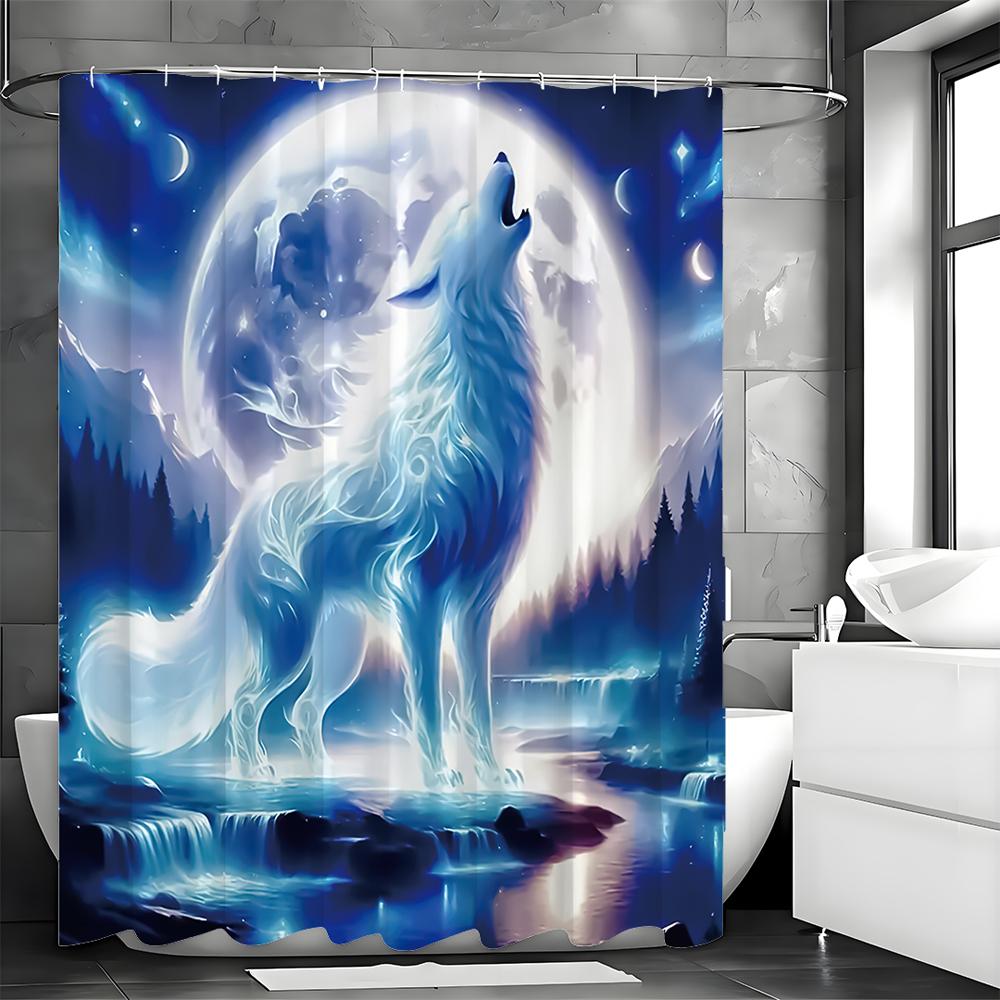 Wolf Moon Shower Curtain, Bathroom Decorative Shower Curtain, Waterproof Shower Curtain with Hooks