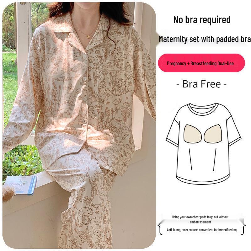 Plus Size Maternity & Postpartum Pajama Set with Breast Pads - Long Sleeve, Spring & Autumn Nursing Wear