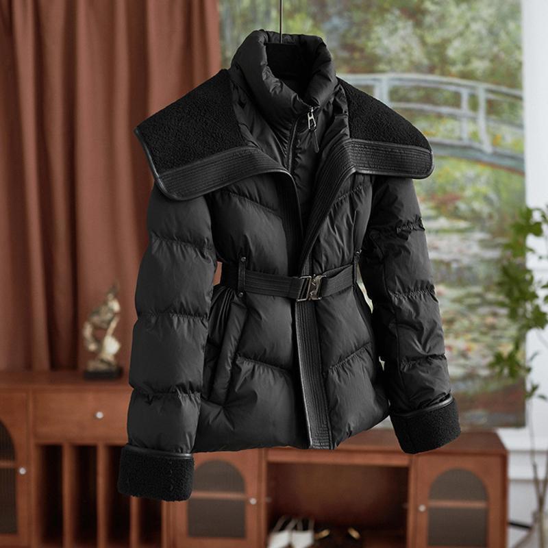 Winter Jacket Coat Female Parkas Fashion Lamb Wool Double Collar Short Belt Warm Down Cotton Jacket Women Outerwear Top