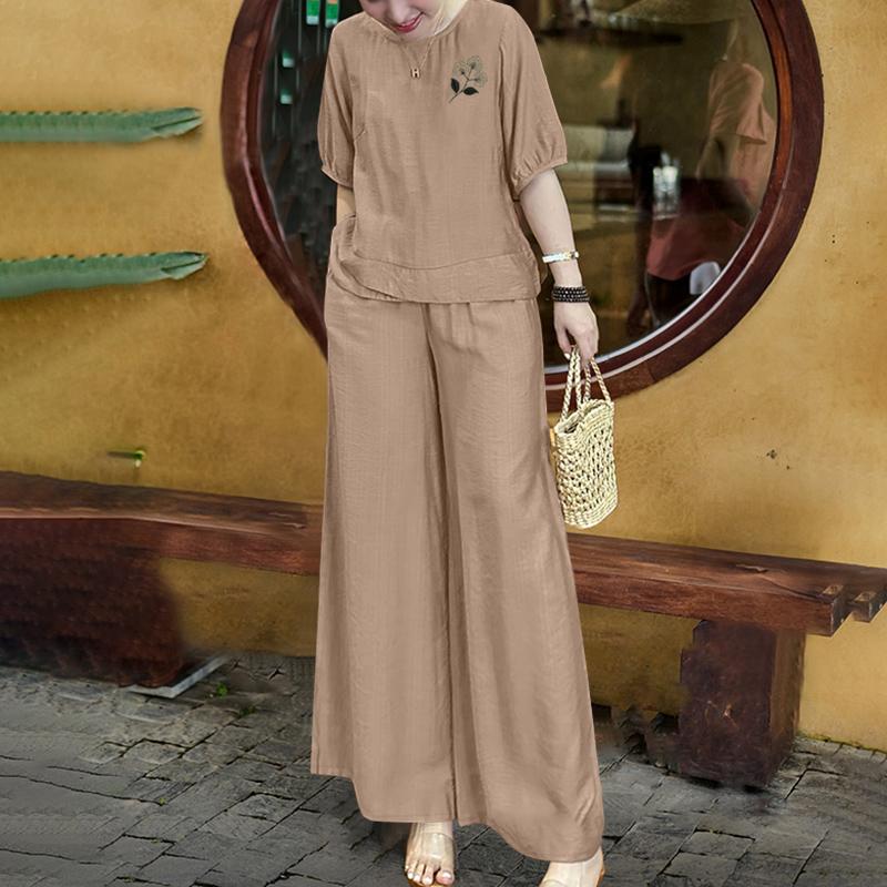 

ZANZEA Женская блузка с вышивкой и брюки Повседневные ретро комплекты из двух предметов M хаки