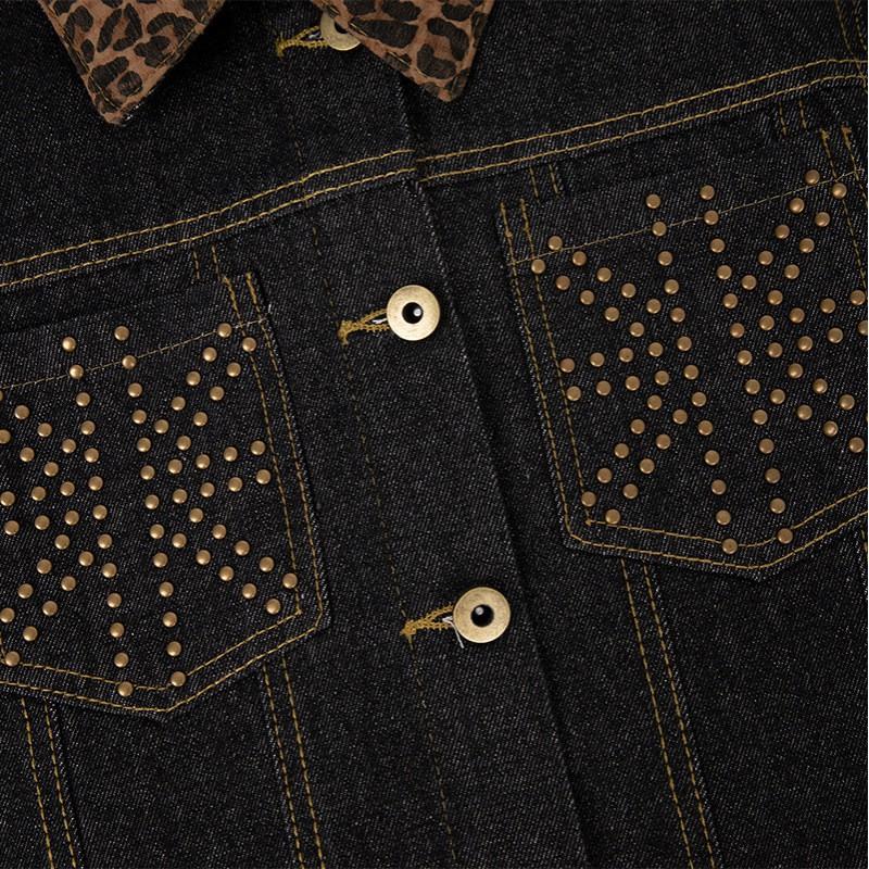 Womens Short Denim Jacket With Leopard Collar Rivet Pockets Streetwear Chic Oversized Fit
