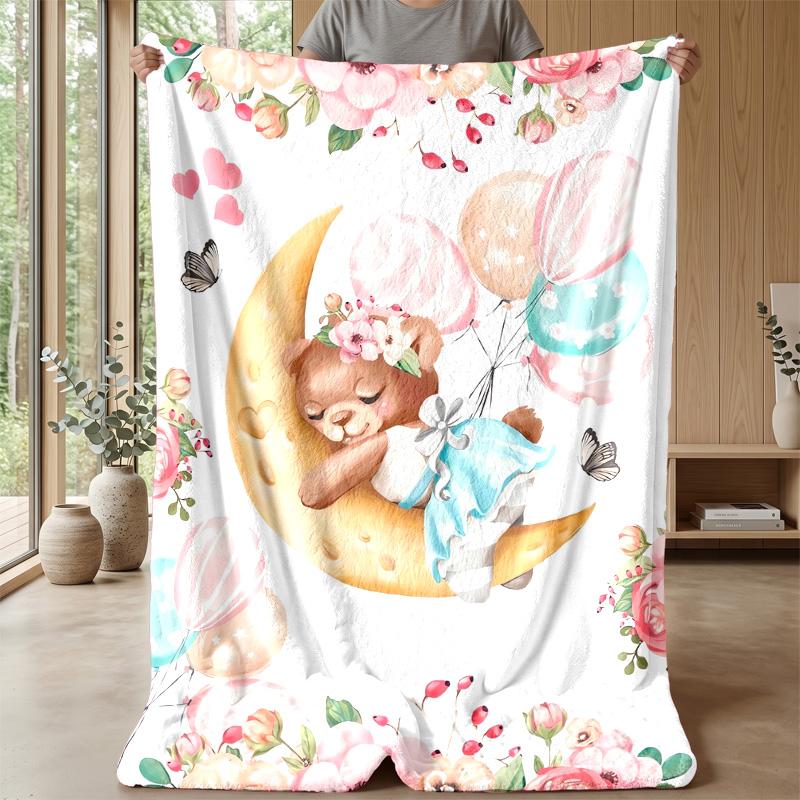Teddybären mit Mond und Sternen Thema Decke Leichte Warme Flanelldecke Dekorative Überwurfdecke für Heimdekoration