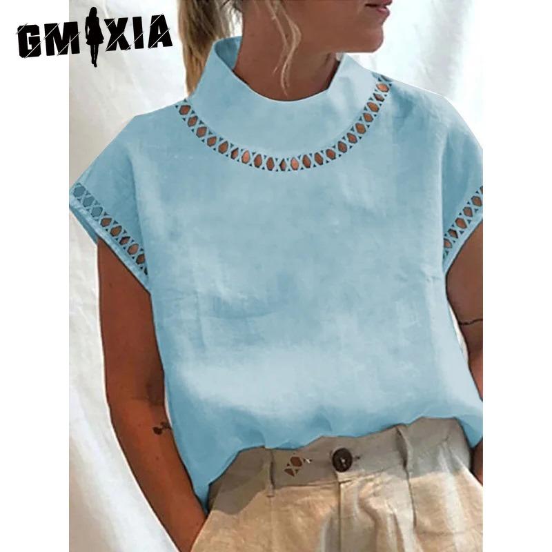 GMXIA Women's Fashion Casual Solid Color Print Short Sleeve Blouses & Shirts