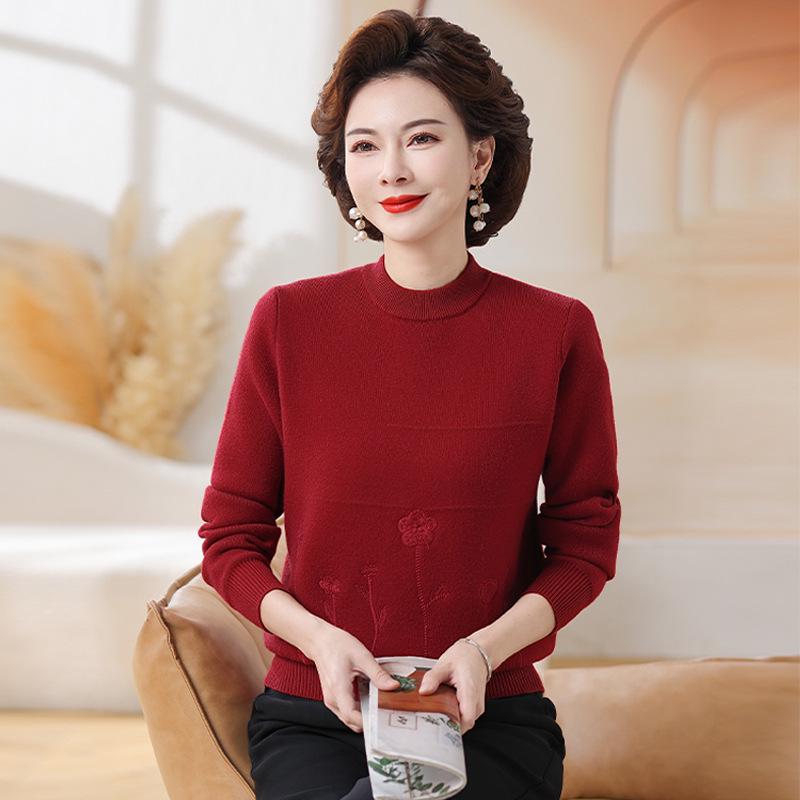 Fleece-Lined Knitted Sweater: Warm Winter Base Layer for Middle-Aged and Elderly Women